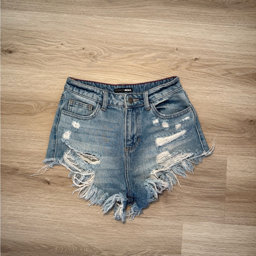 Fashion Nova Light Blue Distressed Jean Shorts